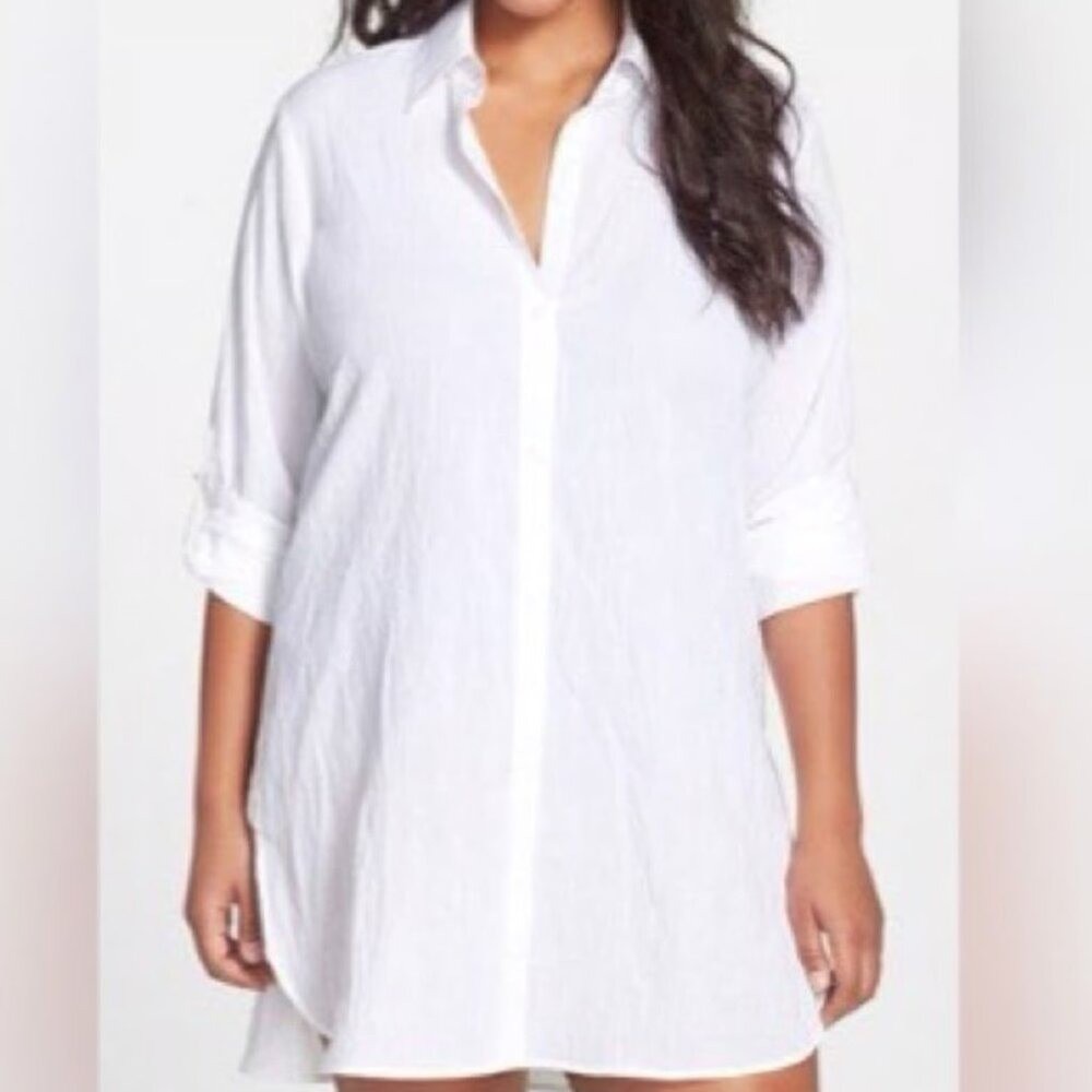 INC Sz L White Button Up Tunic Semi Sheer Cover Up Long Sleeves Dress Shirt